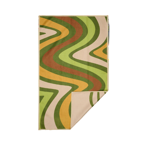 two sided designed tea towel with curve geometric pattern in light green, army green, beige, burnt sienna, dark yellow.
