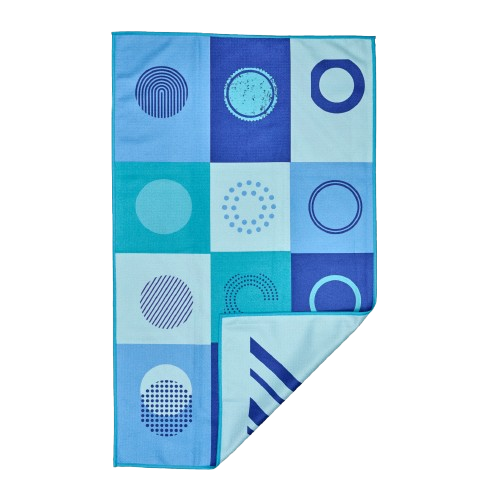 Color block in a variety of blues with each block having a different geometric circle in each