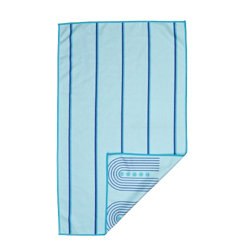 Striped towel with light blue background and navy blue and light blue stripe