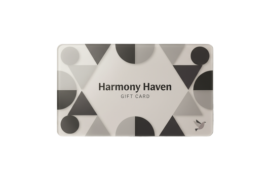 modern harmony haven gift card with geometric shapes and hex codes 333333, fbefe5 and c1c0c0